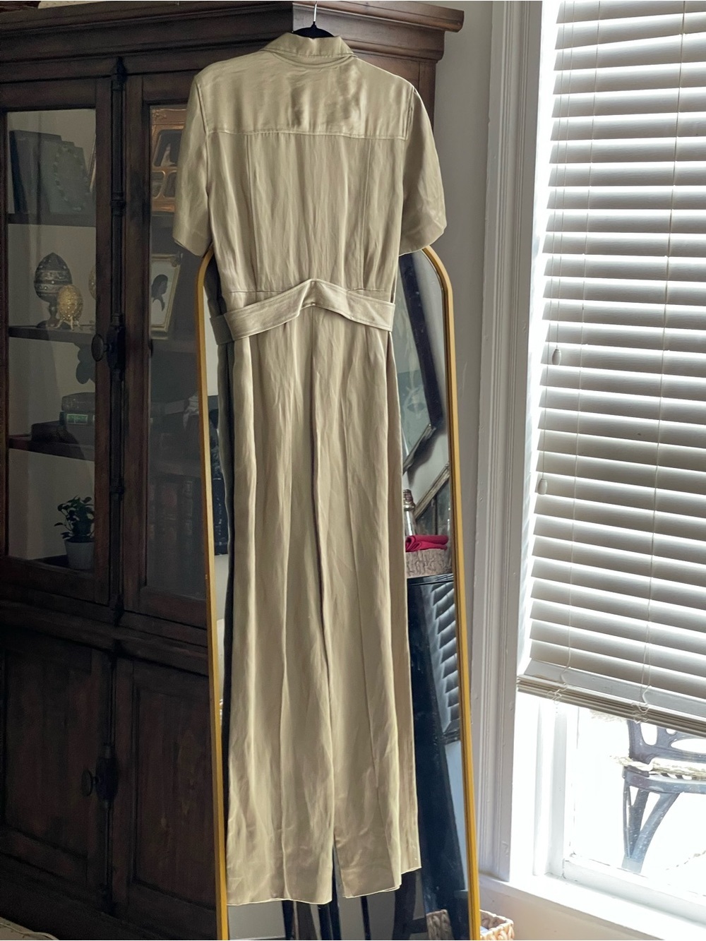 Sandro NWT army green khaki short sleeve linen blend satin jumpsuit - Picture 10 of 12
